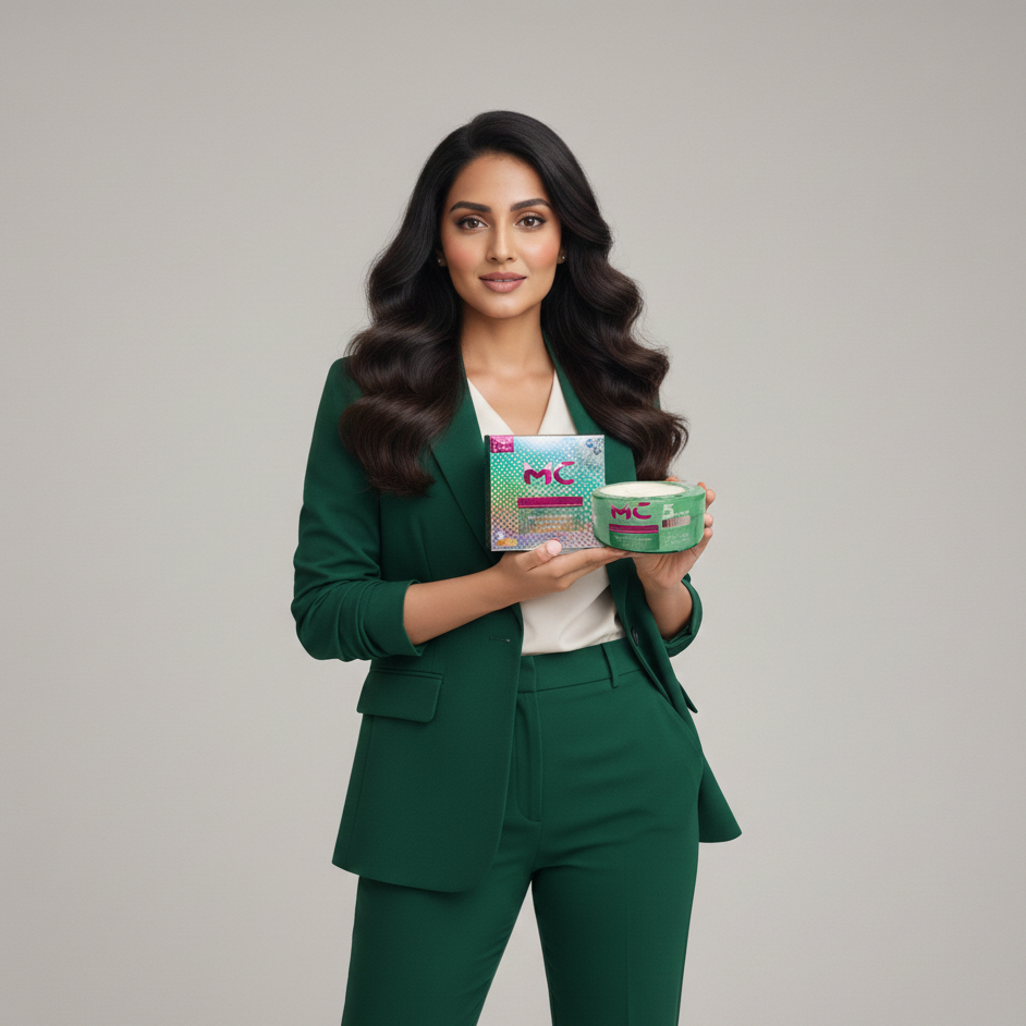 Woman in a green suit holding two boxes with 'MC' branding on a gray background