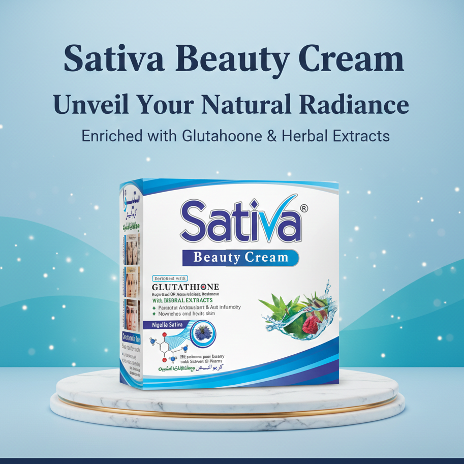 Sativa Beauty Cream packaging on a blue background with text about natural radiance and ingredients.