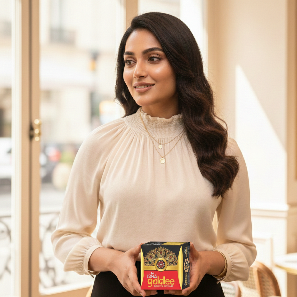 Woman holding a box of 'Lata Goldilce' in an indoor setting