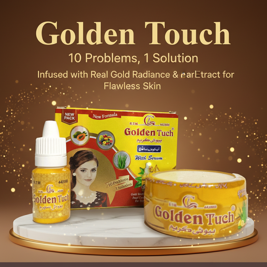 Golden Touch skincare products including serum, cream, and box on a brown background with promotional text.