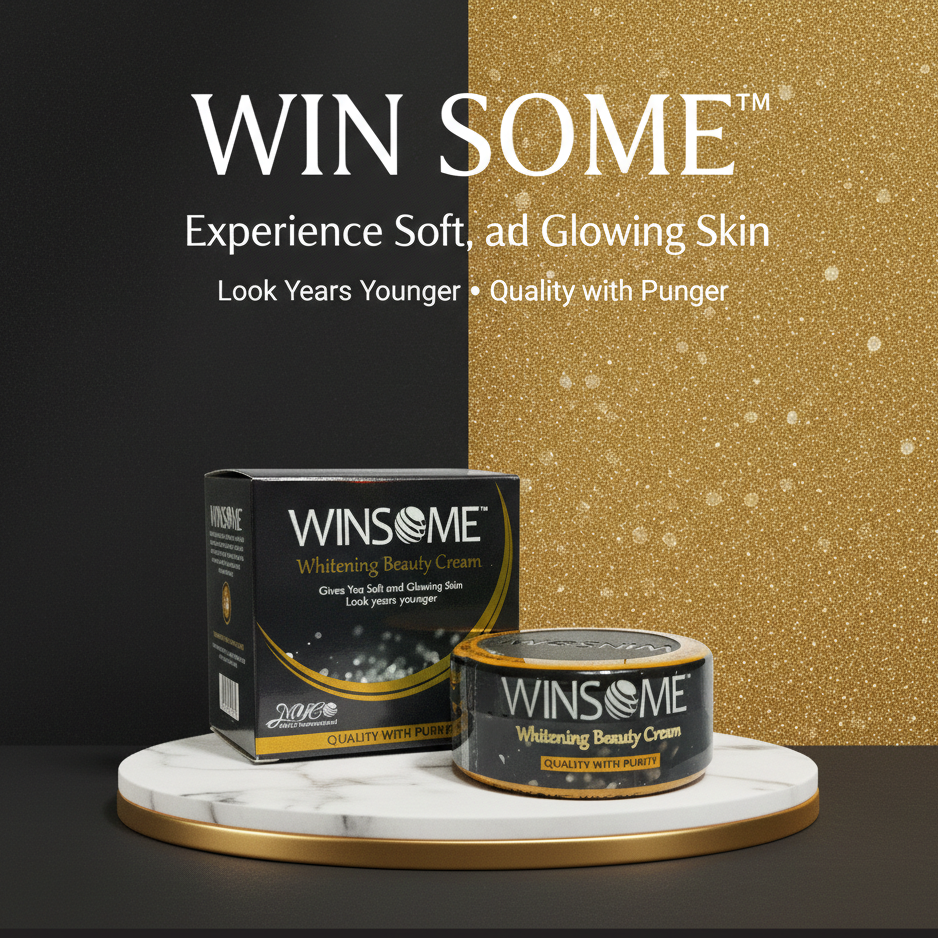 Winsome whitening beauty cream packaging on a black and gold background
