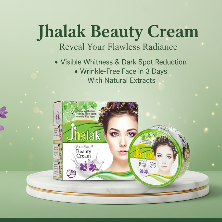 Jhalak Beauty Cream packaging on a green background with promotional text.