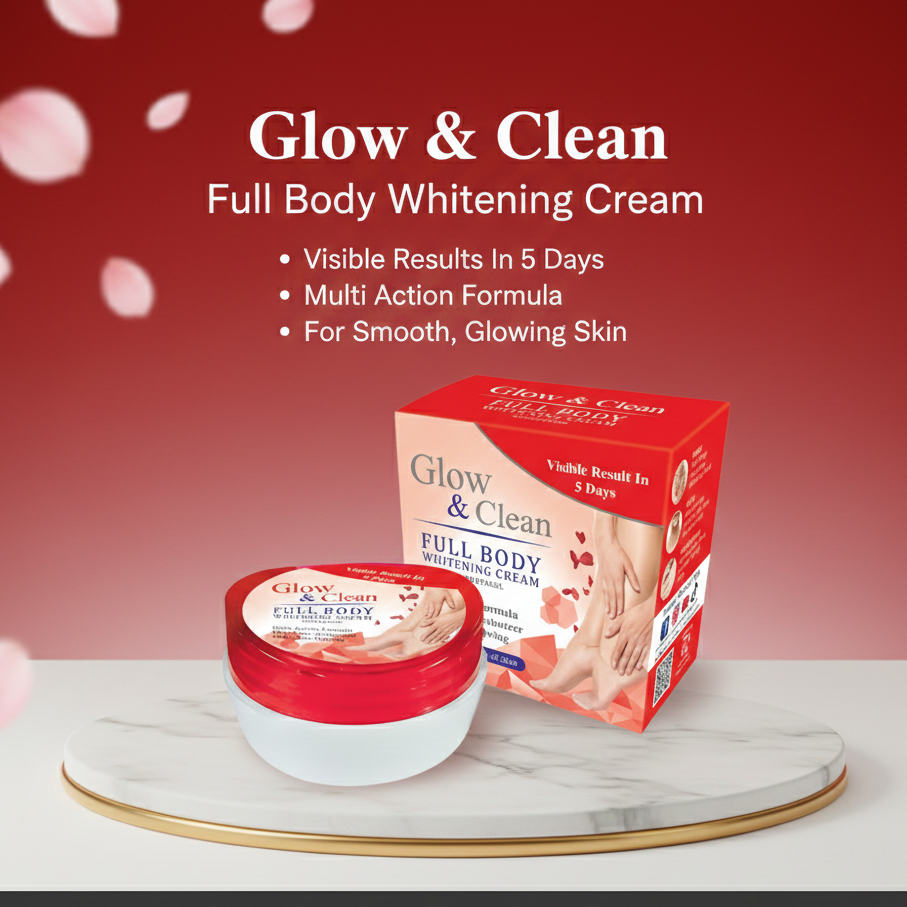 Glow & Clean full body whitening cream and packaging on a red background with promotional text.