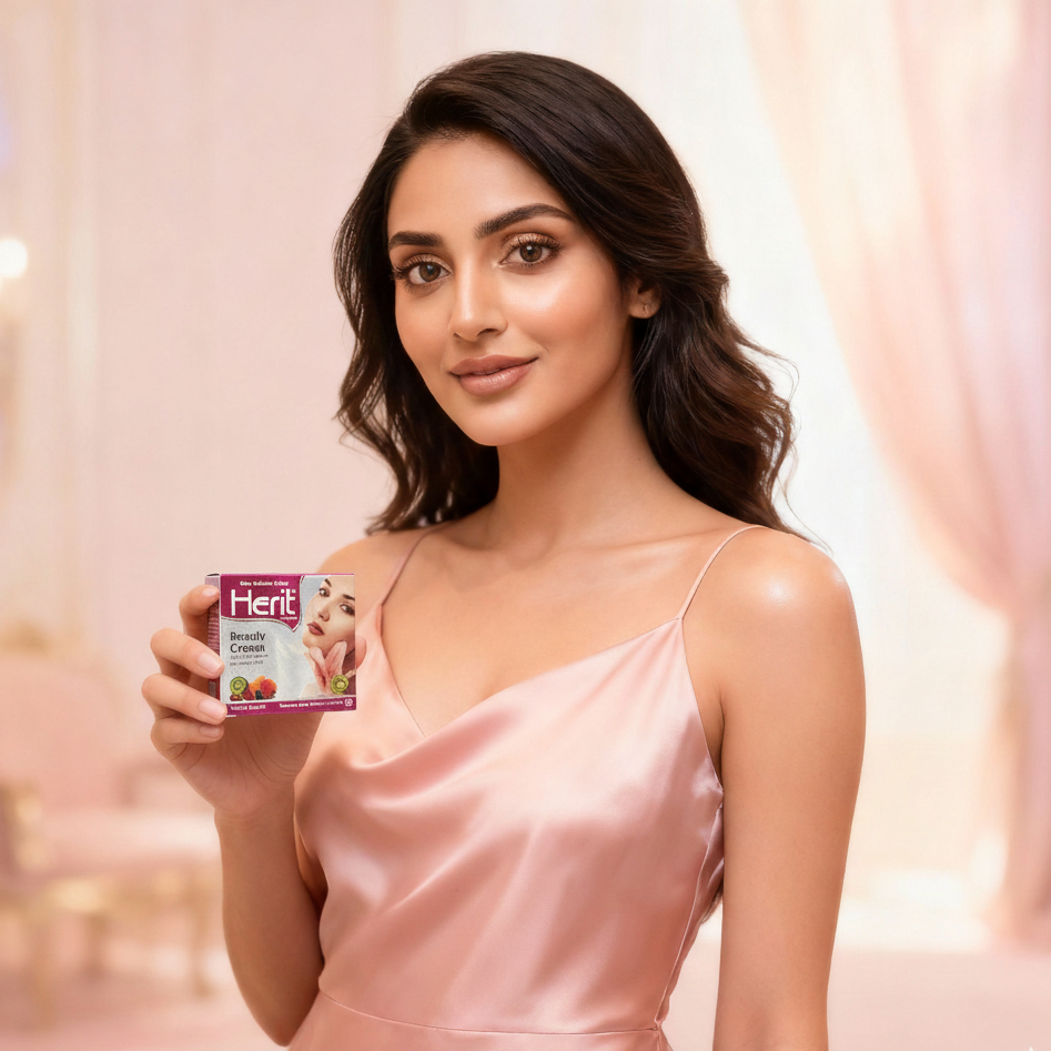 Woman in a pink dress holding a product box with a blurred background