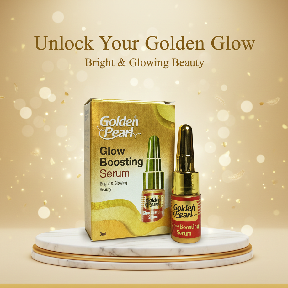 Golden Pearl Glow Boosting Serum with packaging on a decorative stand against a gold background.