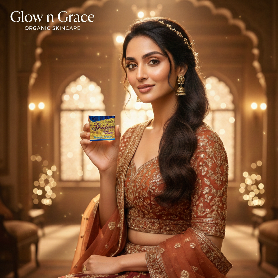 Woman in traditional attire holding a skincare product with 'Glow n Grace' branding.