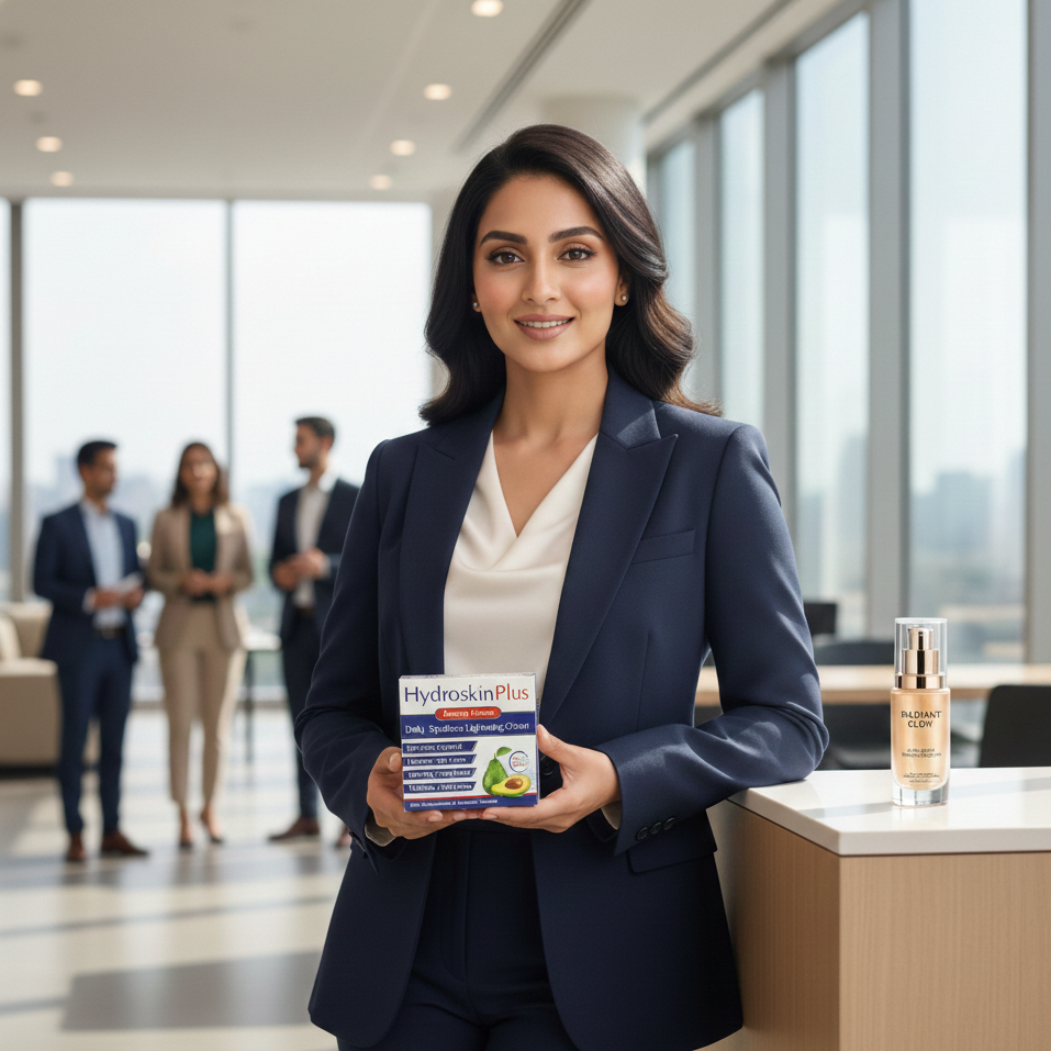 Woman in a professional setting holding a skincare product box
