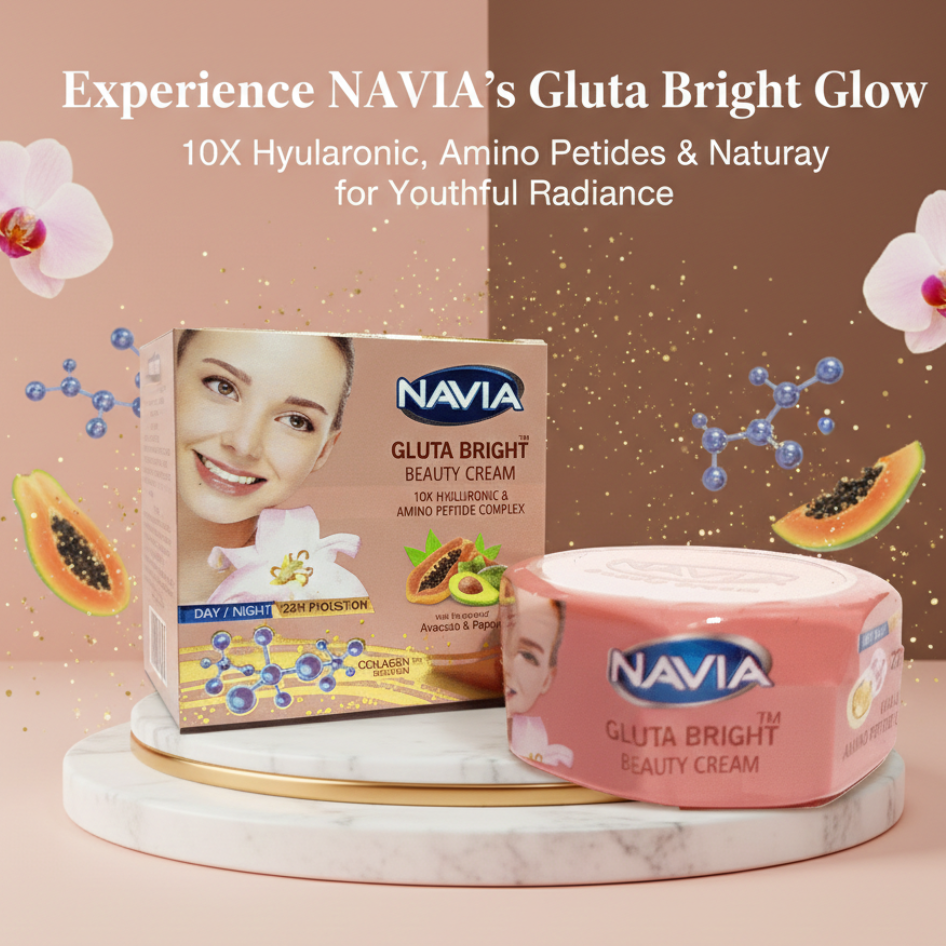 Navia Gluta Bright Beauty Cream packaging with promotional text on a decorative background
