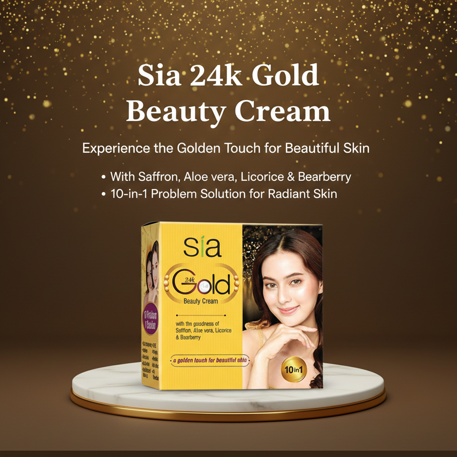 Sia 24k Gold Beauty Cream packaging with promotional text on a brown background