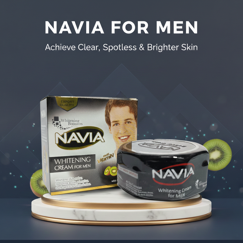 Navia Whitening Cream for Men packaging on a dark background with kiwi slices.