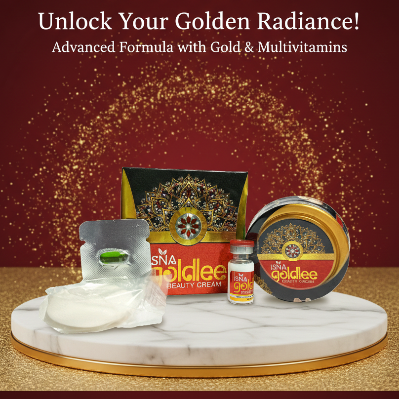 ISNA Goldlee skincare products on a marble stand with a dark red background