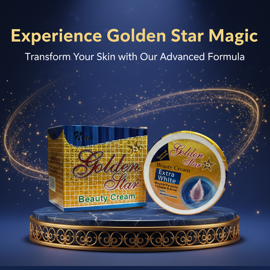 Golden Star Beauty Cream packaging on a blue platform with promotional text.
