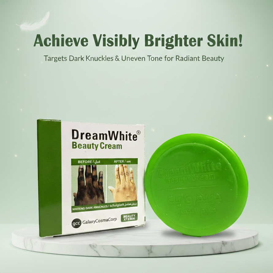DreamWhite Beauty Cream packaging with a green lid on a light green background