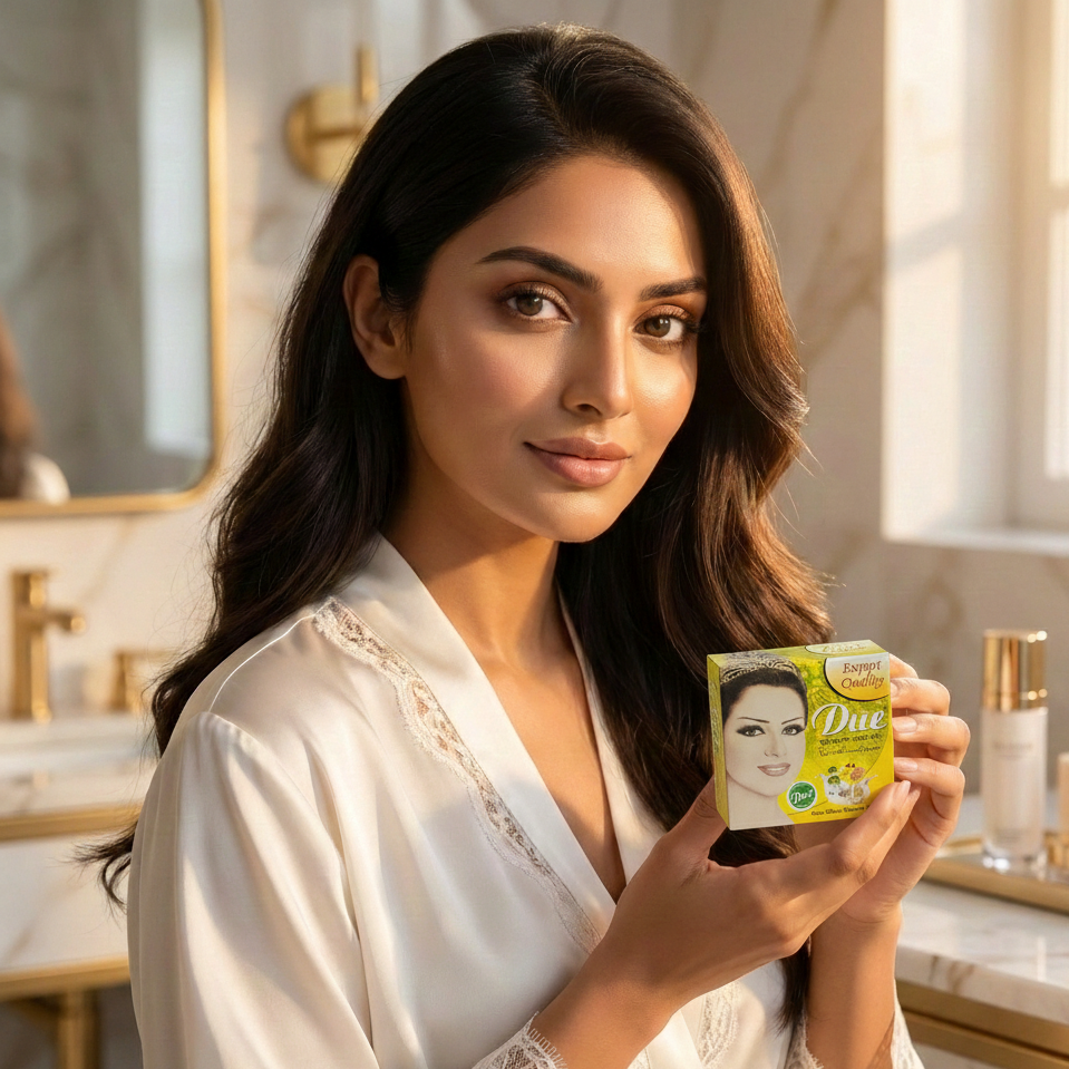 Woman holding a skincare product package in a bathroom setting