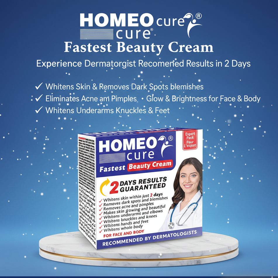 HOMEOcure Fastest Beauty Cream packaging on a blue background with promotional text.