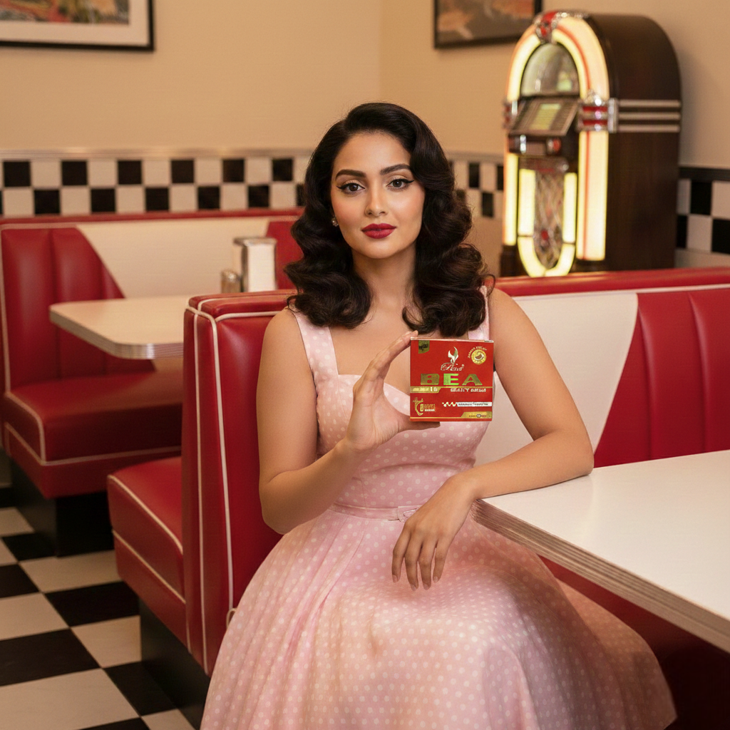 Woman in a pink dress holding a box in a retro diner with a jukebox.