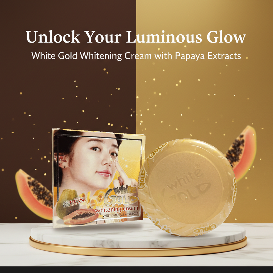 White Gold Whitening Cream with Papaya Extracts packaging on a marble base with promotional text.