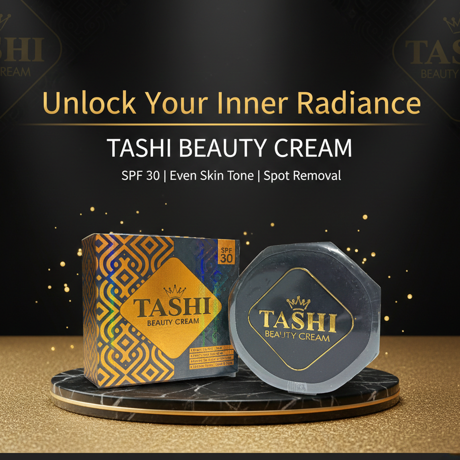 TASHI Beauty Cream packaging with promotional text on a dark background