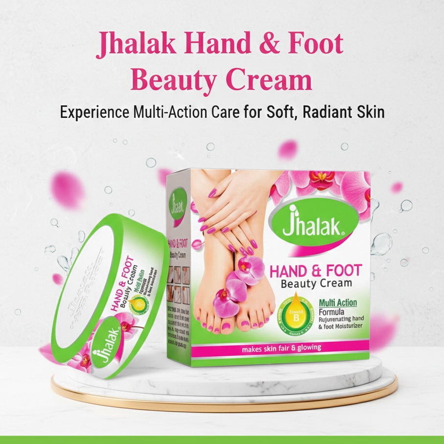 Jhalak Hand & Foot Beauty Cream packaging with a promotional banner on a white background