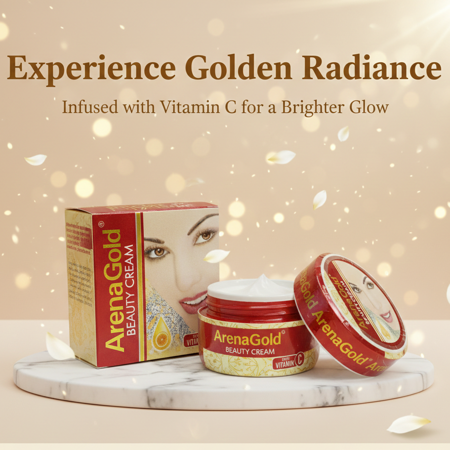 ArenaGold Beauty Cream packaging with cream jar and box on a beige background