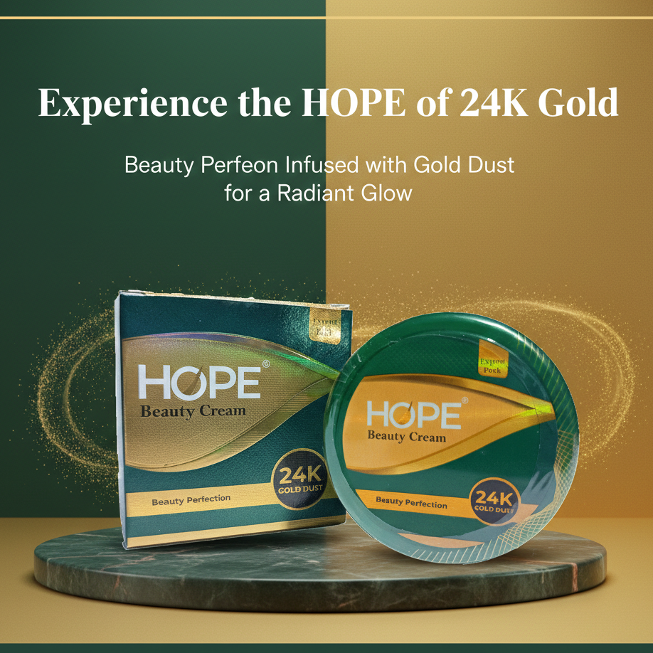 Hope Beauty Cream packaging with gold accents on a green and gold background