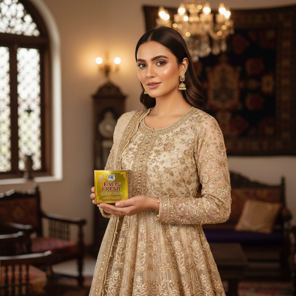 Woman in traditional attire holding a product box in an ornate room.