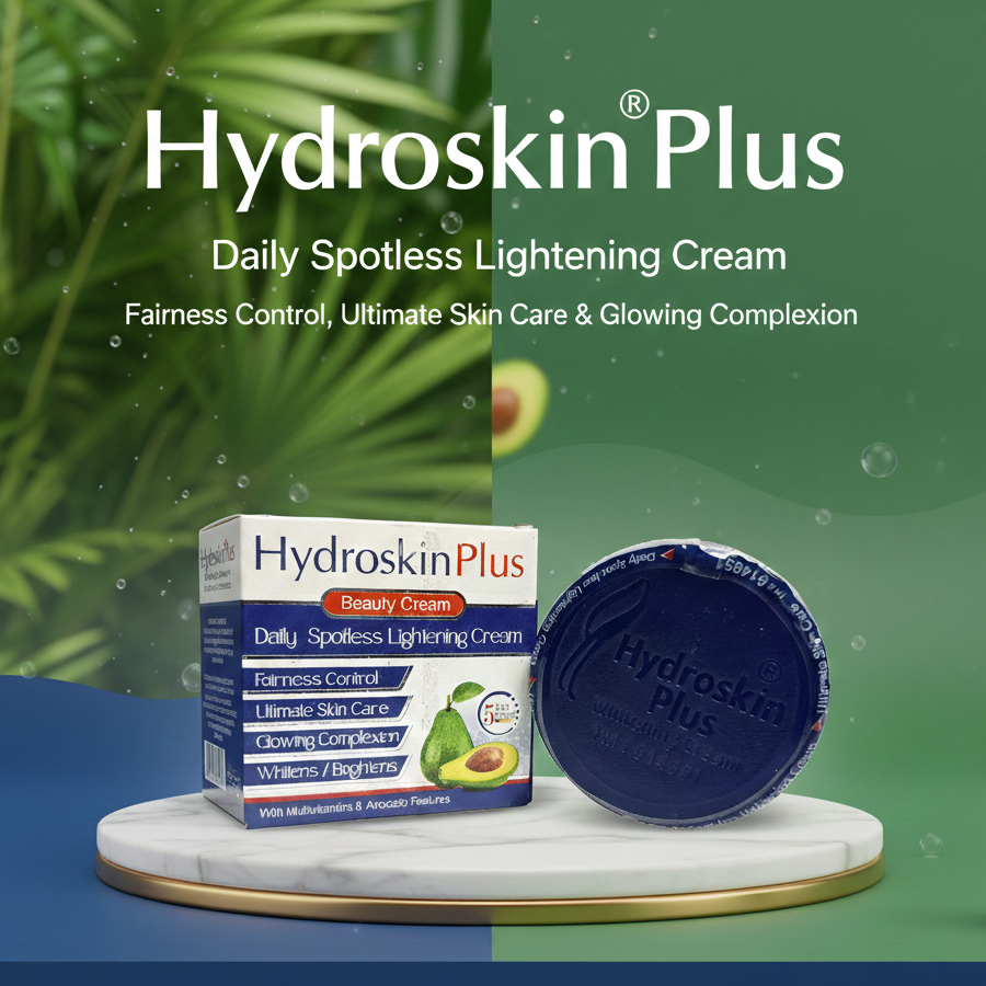 Hydroskin Plus daily spotless lightening cream packaging with a green leafy background