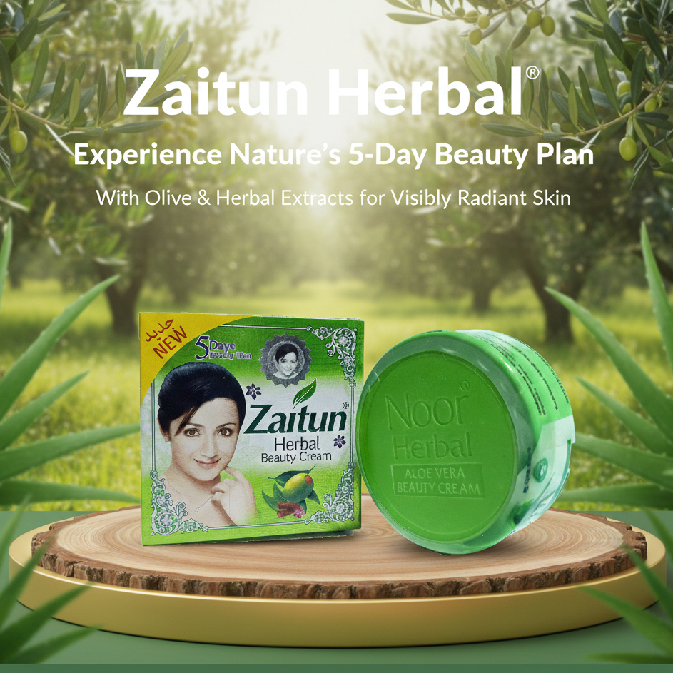 Zaitun Herbal beauty cream packaging with olive trees in the background