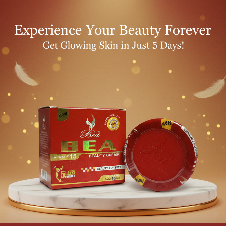 BEA beauty cream packaging on a marble stand with promotional text on a warm background