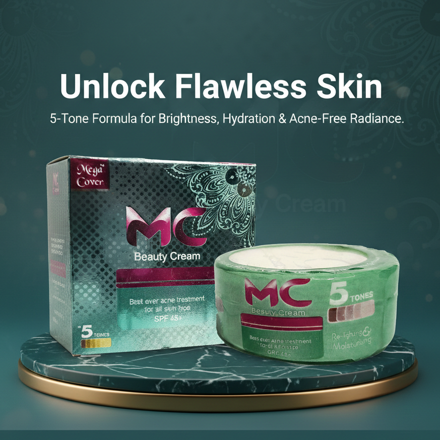 MC Beauty Cream packaging with text on a dark green background