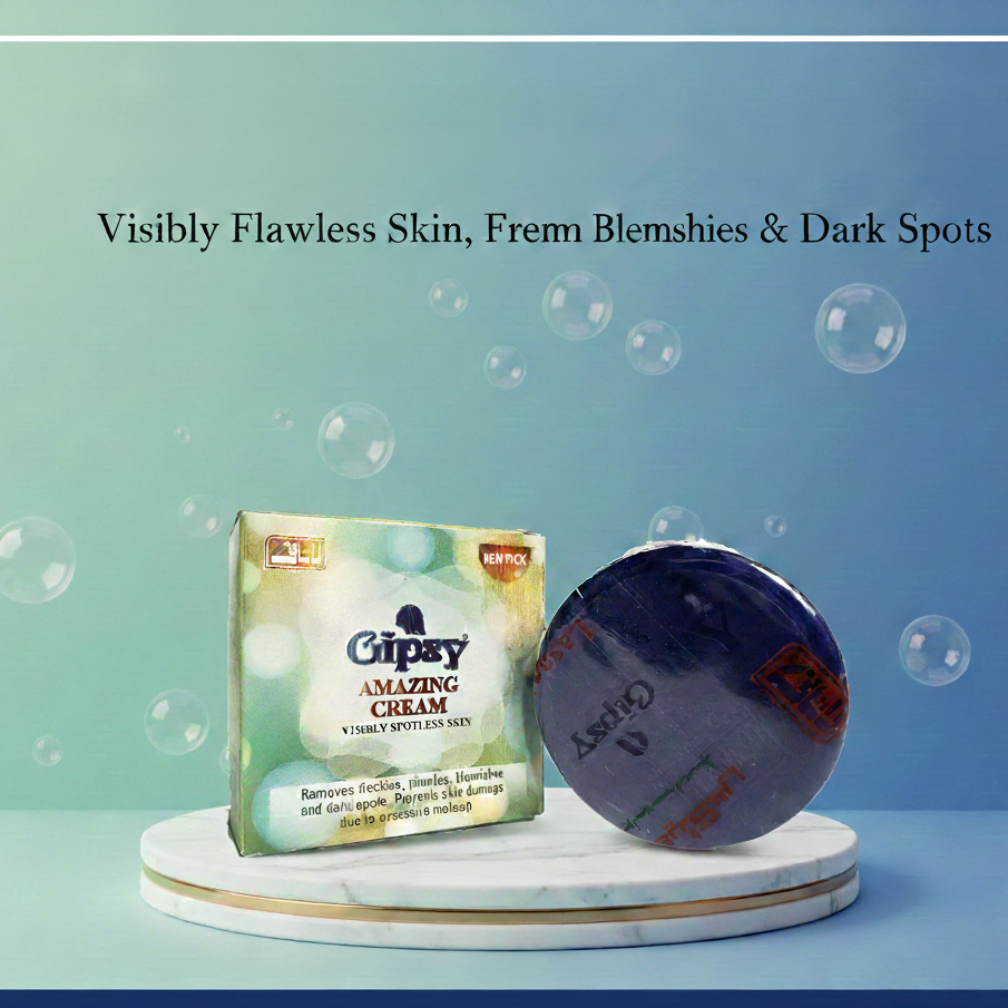 Gypsy Amazing Cream packaging with a soap bar on a blue background