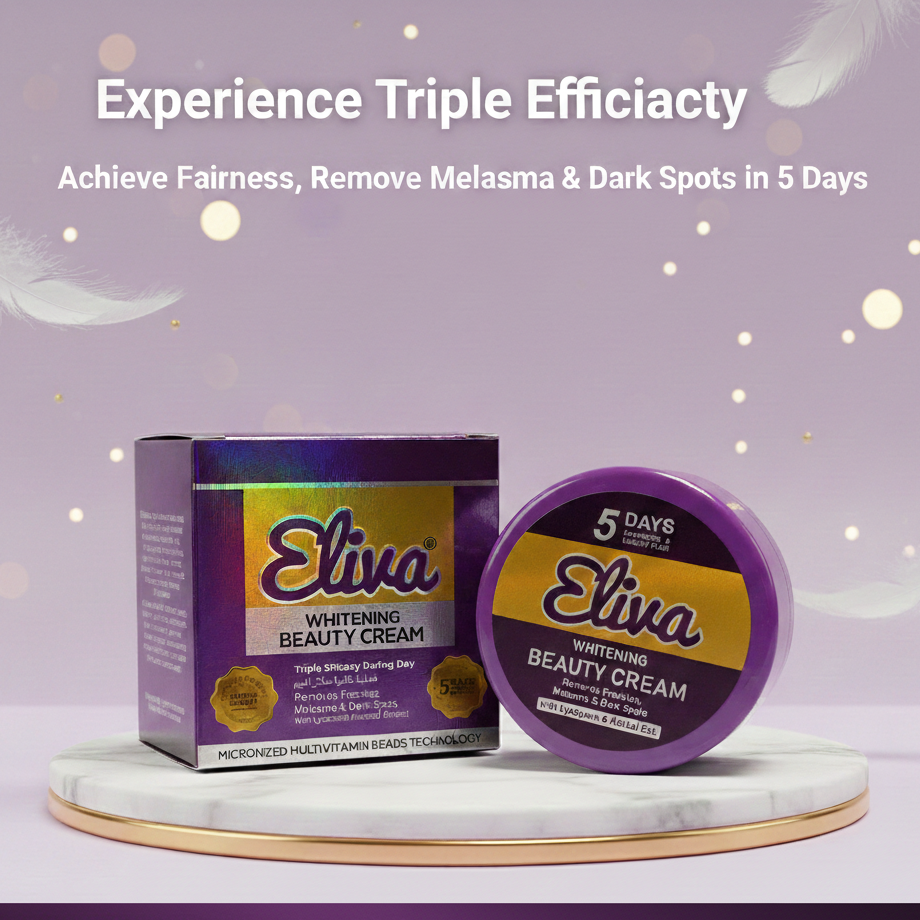 Eliva Whitening Beauty Cream packaging on a purple background with text about triple efficacy.