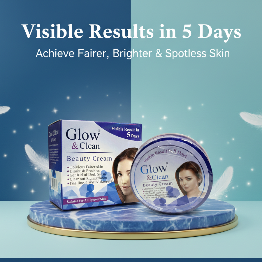 Glow & Clean Beauty Cream packaging with visible results claim on a blue background