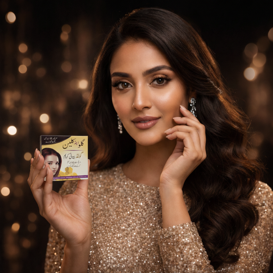 Woman holding a box of premium beauty cream with a blurred bokeh background