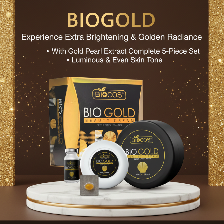 BioGold skincare product set with cream, cream jar, and bottle on a marble stand against a gold and brown gradient background.