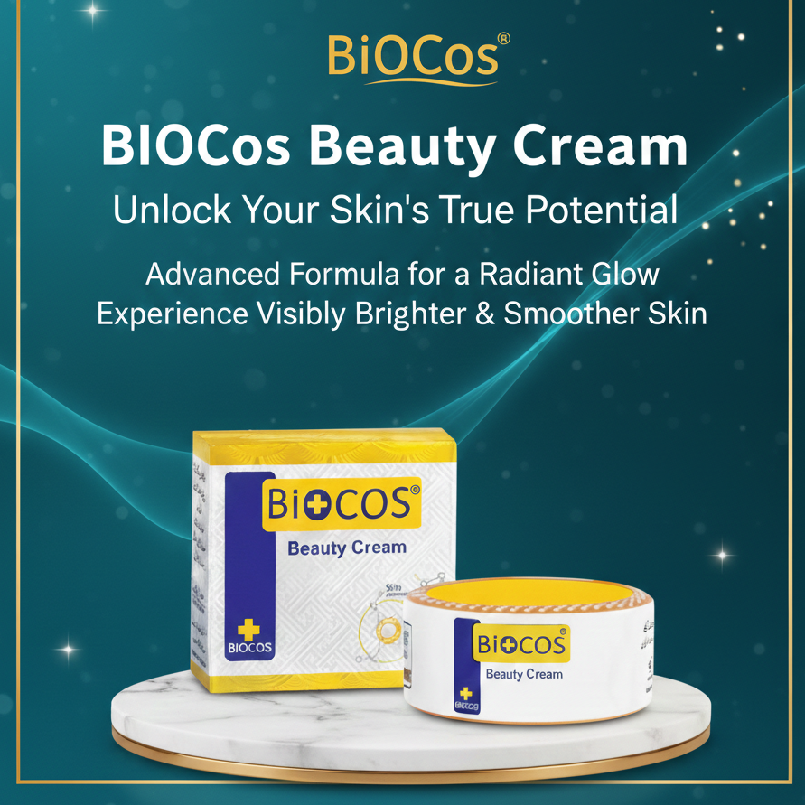 BiOCos Beauty Cream packaging with promotional text on a dark blue background