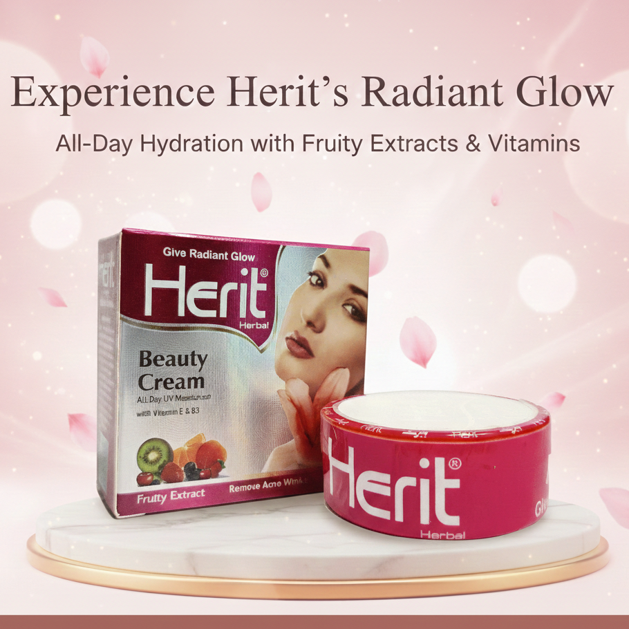 Herit Herbal Beauty Cream packaging with a pink background and promotional text.