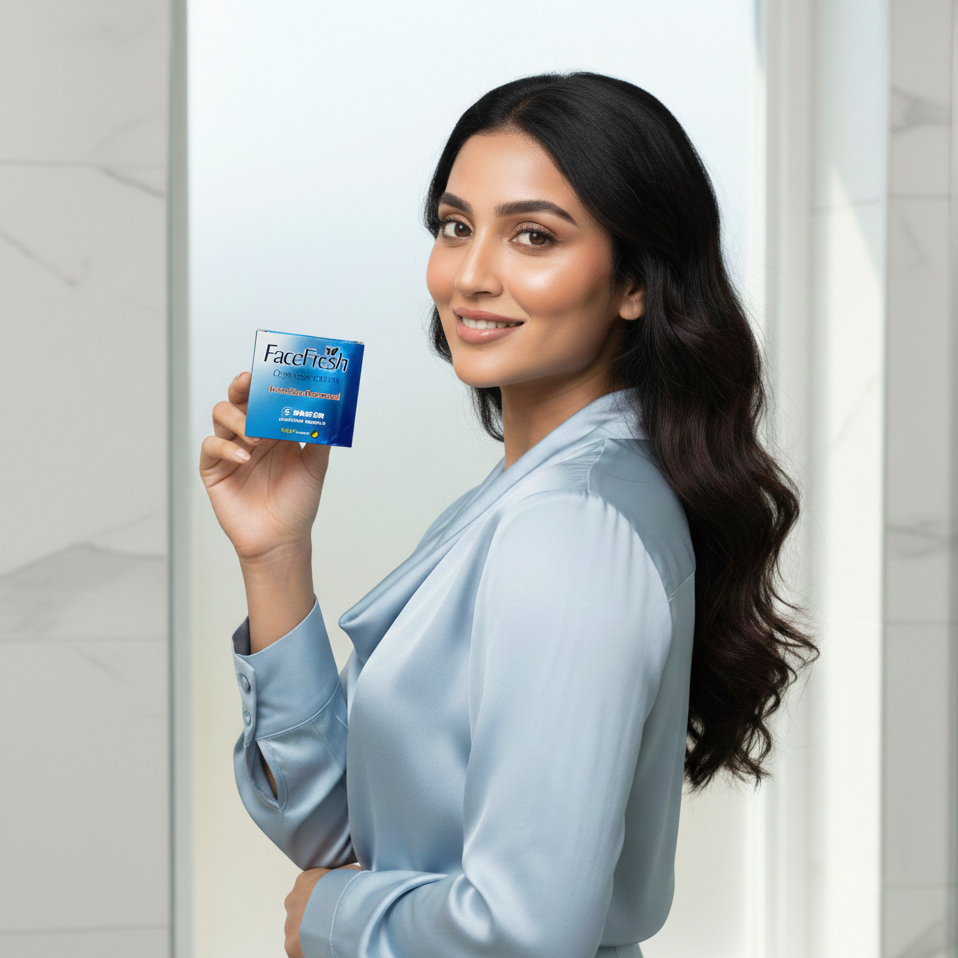 Woman holding a Face Cream box in front of a mirror